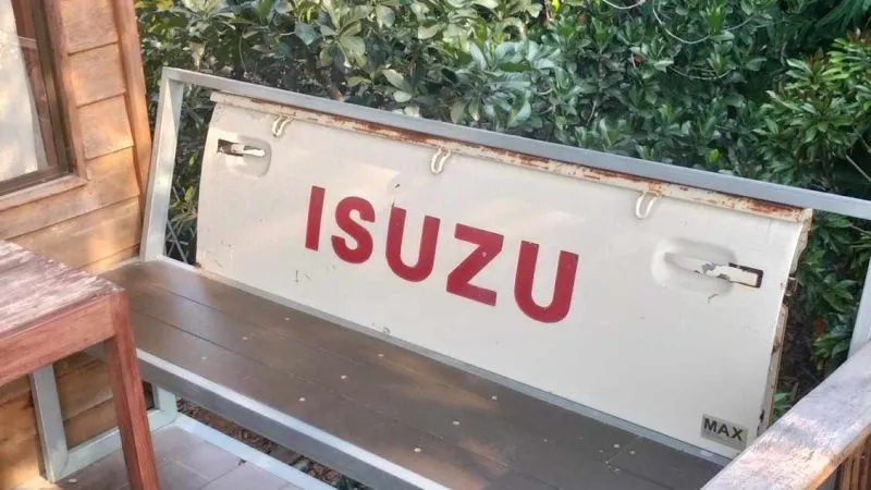 Cafe seat made from an old Isuzu tailgate